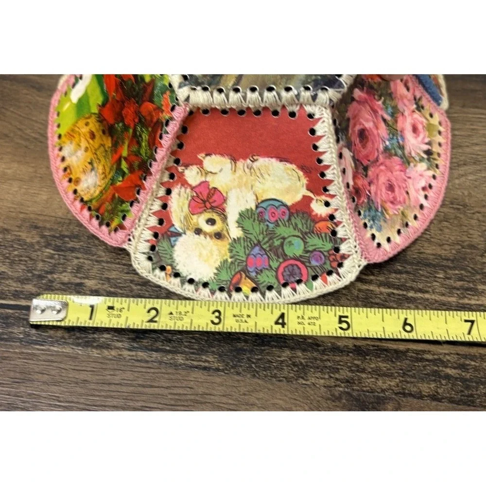 Vintage Handmade Stitched Ephemera Greeting Card Basket Christmas Bowl
